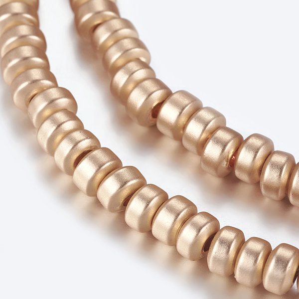 

PandaHall Non-magnetic Synthetic Hematite Beads Strands, Frosted, Rondelle, Light Gold Plated, 3x2mm, Hole: 1mm, about 206pcs/strand, 16.1...