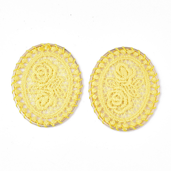 

PandaHall Polyester Woven Big Pendant Decorations, with Iron Findings, Oval with Flower, Light Gold, Gold, 52.5x42x2mm Polyester Oval Gold