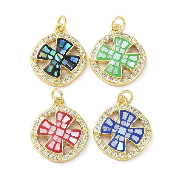 

PandaHall Brass Micro Pave Clear Cubic Zirconia Pendants, with Enamel, Shell and Jump Ring, Real 18K Gold Plated, Flat Round with Cross..., Multicolor