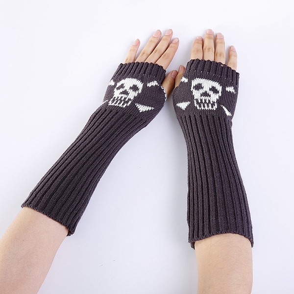 PandaHall Polyacrylonitrile Fiber Yarn Knitting Long Fingerless Gloves, Arm Warmer, Winter Warm Gloves with Thumb Hole, Skull Pattern, Gray...
