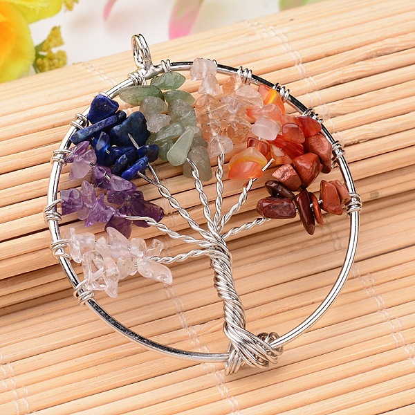 

PandaHall Natural & Synthetic Gemstone Big Pendants, with Platinum Plated Brass Findings, Flat Round with Tree of Life, 53~56x48~51x8mm...