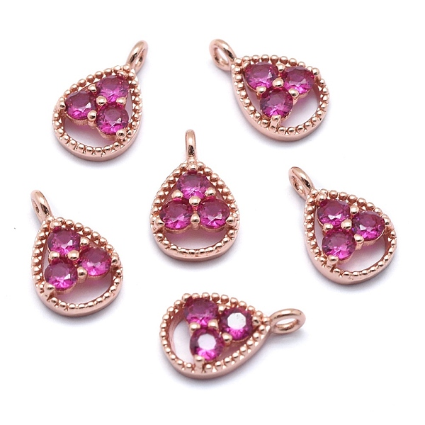 

PandaHall Brass Charms, with Cubic Zirconia, Cadmium Free & Nickel Free & Lead Free, Teardrop, Magenta, Real Rose Gold Plated, 13x8x3mm..., Pink