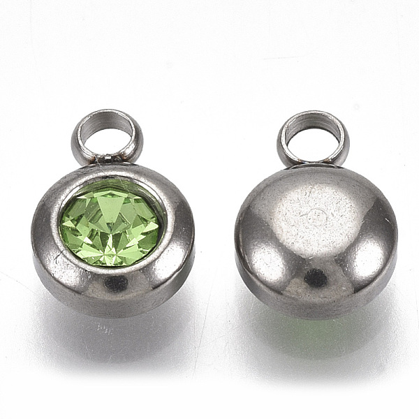 

PandaHall Rhinestone Charms, August Birthstone Charms, with 201 Stainless Steel, Flat Round, Stainless Steel Color, Peridot, 9x6.5x4mm, Hole..., Green