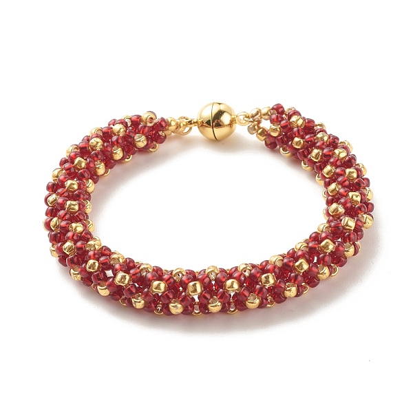 

PandaHall Glass Seed Beaded Bracelet with Brass Magnetic Clasp, Braided Bracelet for Women, Dark Red, 7-1/2 inch(19cm) Glass