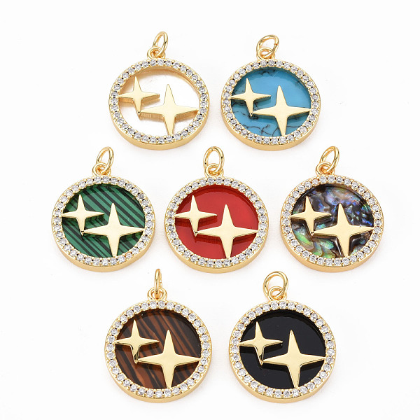 

PandaHall Brass Micro Pave Clear Cubic Zirconia Pendants, with Shell & Synthetic Stone & Acrylic and Jump Ring, Real 16K Gold Plated, Flat..., Multicolor