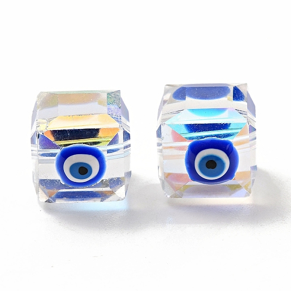 

PandaHall Transparent Glass Beads, with Enamel, Faceted, Cube with Evil Eye Pattern, Blue, 10~11x9x10mm, Hole: 1.6mm Glass Cube Blue