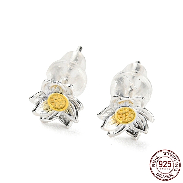 PandaHall Two Tone 999 Sterling Silver Stud Earrings, Flower, Golden & Silver, 6x6.5mm Sterling Silver Flower