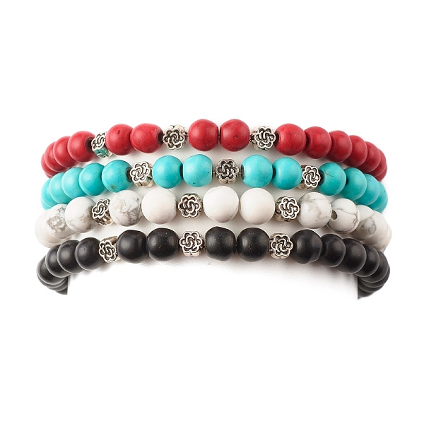 

PandaHall Synthetic Turquoise(Dyed) Round Beads Stretch Bracelets Set, Stone Jewelry with Flower Beads for Women, Mixed Color, Inner..., Multicolor