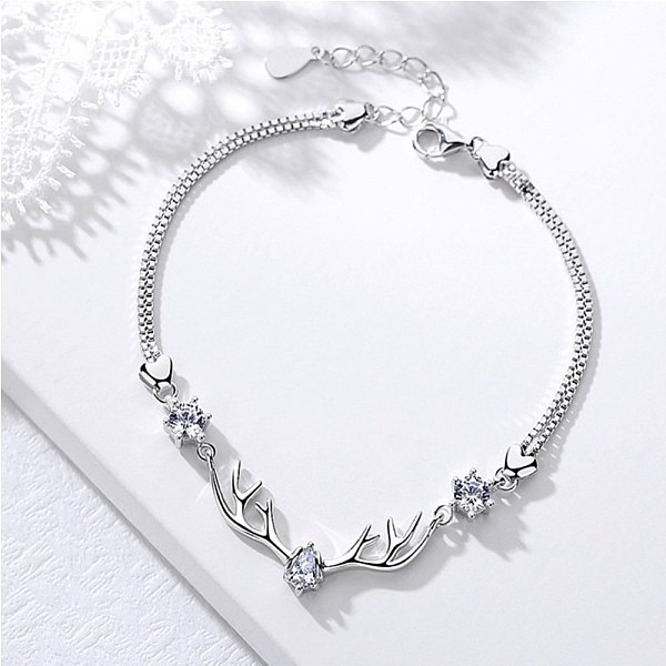 PandaHall Deer Antler Cubic Zirconia Bracelet for Girl Women, Brass Link Bracelet, Clear, Platinum Brass Clear