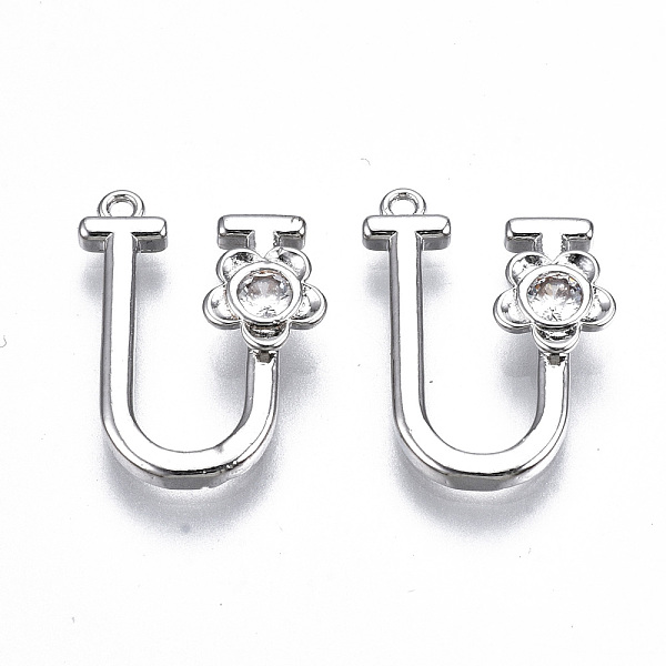 

PandaHall Brass Pendants, with Rhinestones, Alphabet, Platinum, Letter.U, 18x12x2.5mm, Hole: 1mm Brass+Rhinestone Letter U