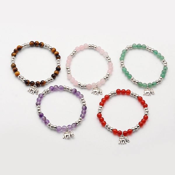 

PandaHall Natural Mixed Stone Beaded Elephant Charm Stretch Bracelets, with Antique Silver Alloy Findings, 53mm Mixed Stone