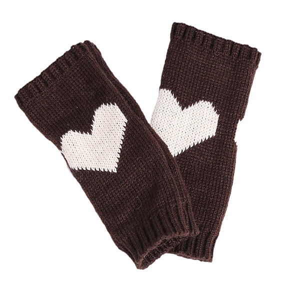 PandaHall Polyacrylonitrile Fiber Yarn Knitting Fingerless Gloves, Two Tone Winter Warm Gloves with Thumb Hole, Heart Pattern, Coconut Brown...