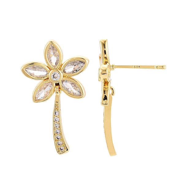 Flower Brass Micro Pave Clear Cubic Zirconia Dangle Stud Earrings