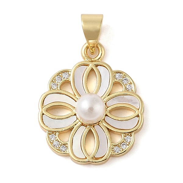 

PandaHall Brass & Shell & Clear Cubic Zirconia Pendants, with ABS Plastic Pearl, Flower, Real 18K Gold Plated, 20x16.5x6.5mm, Hole...