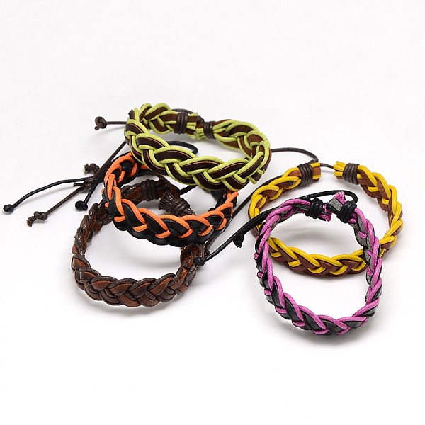 PandaHall Trendy Unisex Casual Style Braided Waxed Cord and Leather Bracelets, Mixed Color, 58mm Leather Multicolor