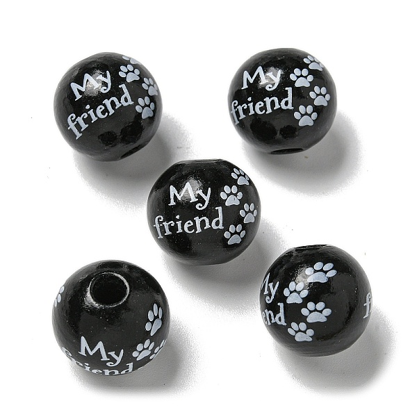 

PandaHall Printed Wood European Beads, Round with Word Pattern, Black, 15.5~16mm, Hole: 4~4.5mm Wood Round Black