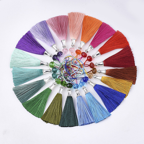 

PandaHall Polyester Tassel Big Pendant Decorations, with Alloy Findings and Glass Beads, Antique Silver, Mixed Color, 145~150mm Polyester..., Multicolor