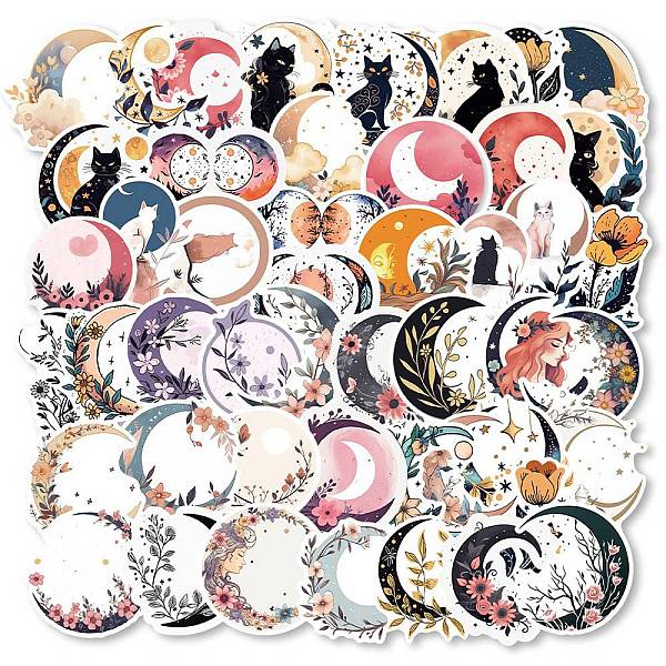 PandaHall 50Pcs PVC Self Adhesive Moon Cartoon Stickers, Waterproof Floral Decals for Laptop, Bottle, Luggage Decor, Mixed Color...