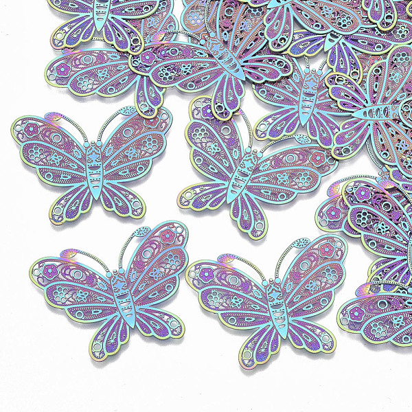 

PandaHall Ion Plating(IP) 304 Stainless Steel Filigree Joiners Links, Etched Metal Embellishments, Butterfly, Rainbow Color, 26x34.5x0.3mm...
