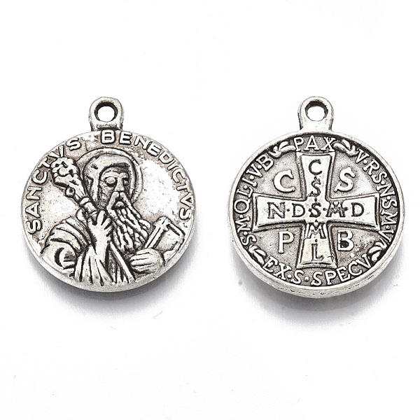 

PandaHall Tibetan Style Alloy Pendants, Cadmium Free & Lead Free, Flat Round with Saint & Word, Antique Silver, 21.5x17.5x3mm, Hole: 1.6mm...