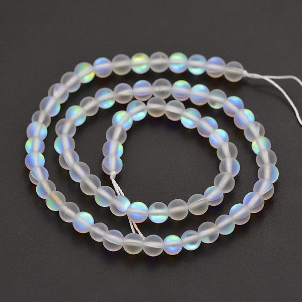 

PandaHall Round Synthetic Frosted Moonstone Beads Strands, Holographic Beads, Dyed, Gainsboro, 6mm, Hole: 1mm, about 60~62pcs/strand, 14~15..., Gray
