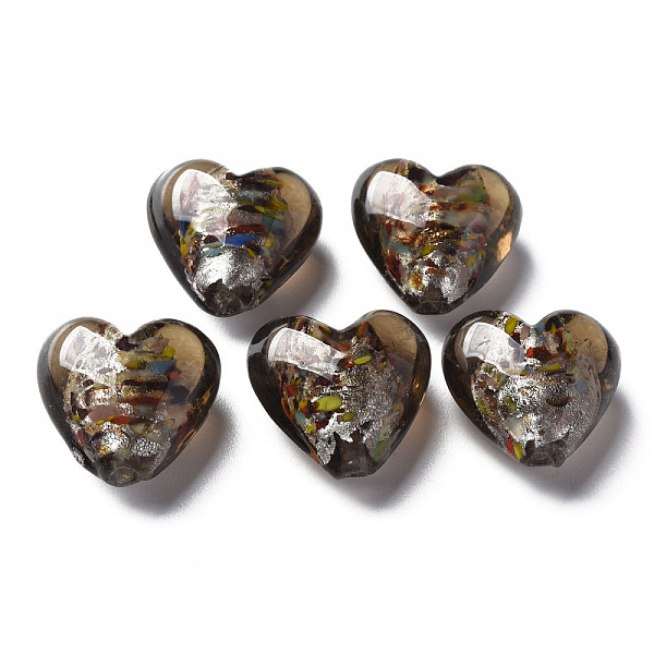 

PandaHall Handmade Lampwork Silver Foil Glass Beads, Heart, Coffee, 15~16x15.5x9~10mm, Hole: 1.2mm Silver Foil Heart Brown