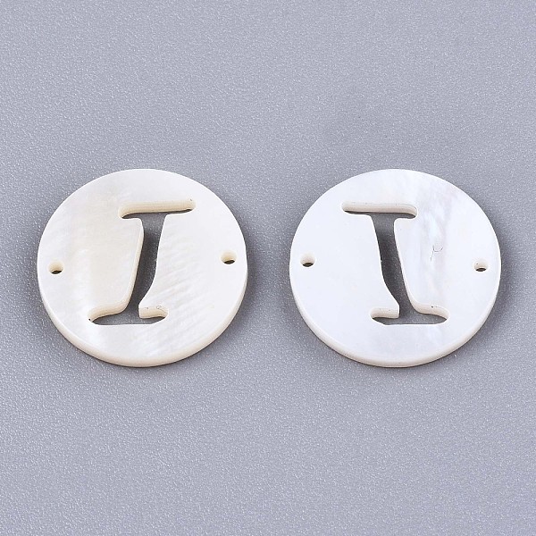 

PandaHall Natural Freshwater Shell Links Connectors, Flat Round with Letter, Letter.J, 14.5x1.5mm, Hole: 0.9mm Shell Letter J