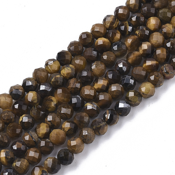 PandaHall Natural Tiger Eye Beads Strands, Faceted, Round, 3mm, Hole: 0.7mm, about 137pcs/strand, 15.55 inch(39.5cm) Tiger Eye Round