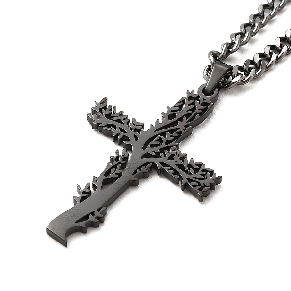 

PandaHall 304 Stainless Steel Cross with Tree of Life Pendant Necklaces, Curb Chain Necklace with Lobster Clasps, Gunmetal, 17-3/4 inch...