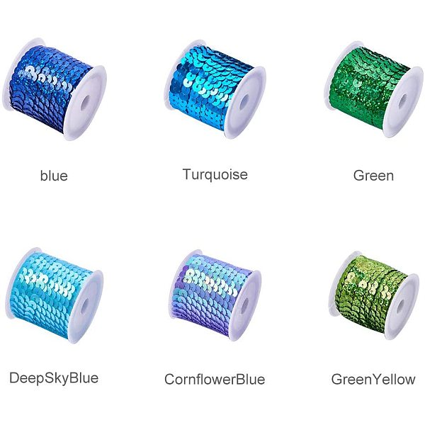 

PandaHall PH 6mm (1/4 Inch) 6 Rolls 6 Color Spangle Flat Sequins Trim Paillette Spool String for Dress Embellish Headband(5m/ roll, Blue..., Multicolor