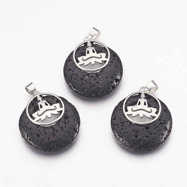 

PandaHall Natural Lava Rock Pendants, with Platinum Tone Brass Findings, Flat Round with Buddha, Dyed, 32x28x7mm, Hole: 4x5mm Lava Rock Flat..., Black