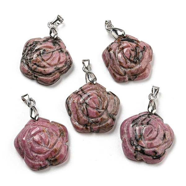 

PandaHall Natural Rhodonite Carved Pendants, Flower Charms with Rack Plating Platinum Plated Brass Pinch Bails, 30x22.5x7.5mm, Hole: 4.5x4mm...