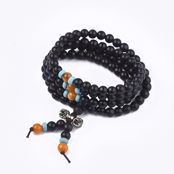 

PandaHall 4-Loop Wrap Style Buddhist Jewelry, Ebony Wood Mala Bead Bracelets, with Alloy Findings and Natural Agate Beads, Stretch Bracelets..., Black