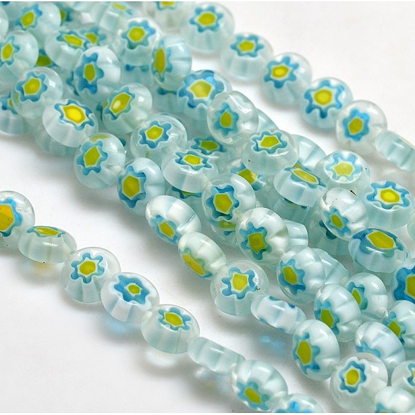 

PandaHall Handmade Millefiori Glass Flat Round Bead Strands, Single Flower Design, Light Cyan, 8x4mm, Hole: 1mm, about 53pcs/strand, 14.7...