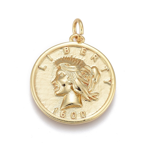 

PandaHall Brass Pendants, with Jump Rings, Long-Lasting Plated, Flat Round with Human, Word Liberty, Real 18K Gold Plated, 20x18x3mm, Hole...