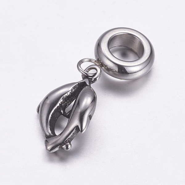 PandaHall 304 Stainless Steel European Dangle Charms, Large Hole Pendants, Dolphin, Antique Silver, 26mm, Hole: 5mm, Pendant: 15.5x9.5x2.5mm...
