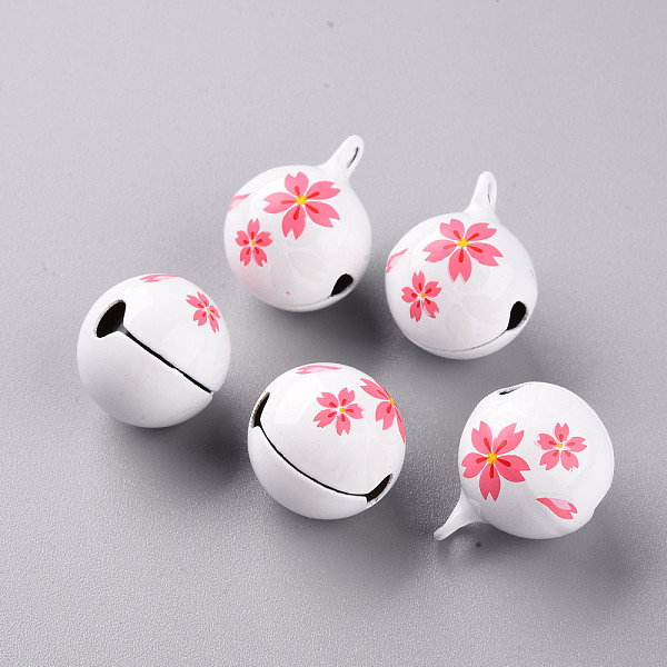 

PandaHall Baking Painted Brass Bell Pendants, Ball with Sakura, White, 23x18x18mm, Hole: 2.5mm Brass Round White