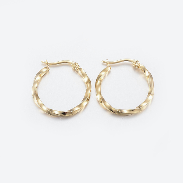 

PandaHall 304 Stainless Steel Hoop Earrings, Ring, Twisted, Golden, 10 Gauge, 25x25x2.5mm, Pin: 1x0.8mm 304 Stainless Steel Ring