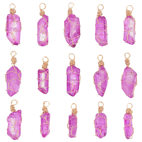 

PandaHall 15Pcs Dyed Natural Quartz Crystal Pendants, Light Gold Plated Copper Wire Wrapped Nuggets Charms, 30~35x4~8x4~7mm, Hole: 3.8mm...