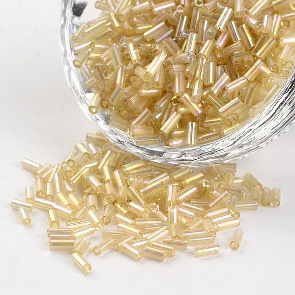 

PandaHall Tube Transparent Colours Rainbow Plated Glass Bugle Beads, Wheat, 3~5x1.8~2mm, Hole: 0.8mm, about 1200pcs/50g Glass Orange
