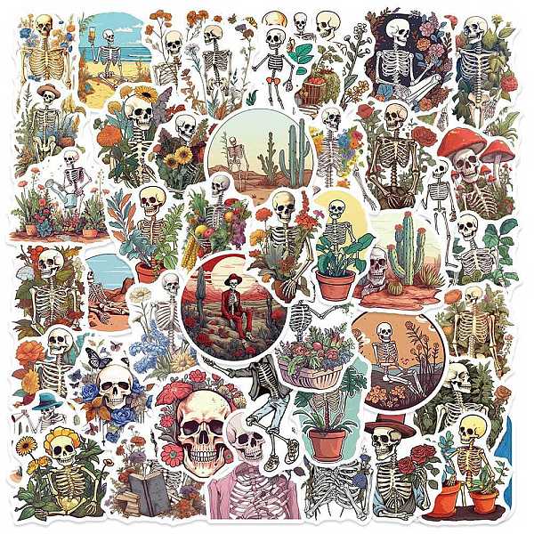 PandaHall 50Pcs Halloween Skull PVC Self Adhesive Cat Cartoon Stickers, Waterproof Plant Decals for Laptop, Bottle, Luggage Decor, Mixed...