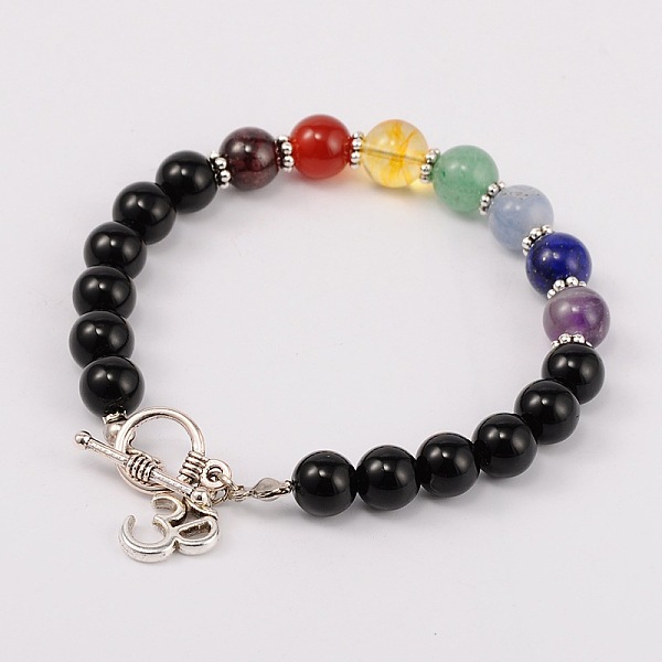 

PandaHall Natural Gemstone Chakra Charm Bracelets, with Tibetan Style Om Symbol Pendant, Tibetan Style Spacers and Toggle Clasps, Antique...