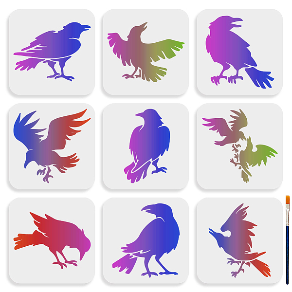 

PandaHall MAYJOYDIY 9pcs Crow Stencils 6×6inch Primitive Raven Stencil with Paint Brush Halloween Birds Stencil Template for Crafts Wood...