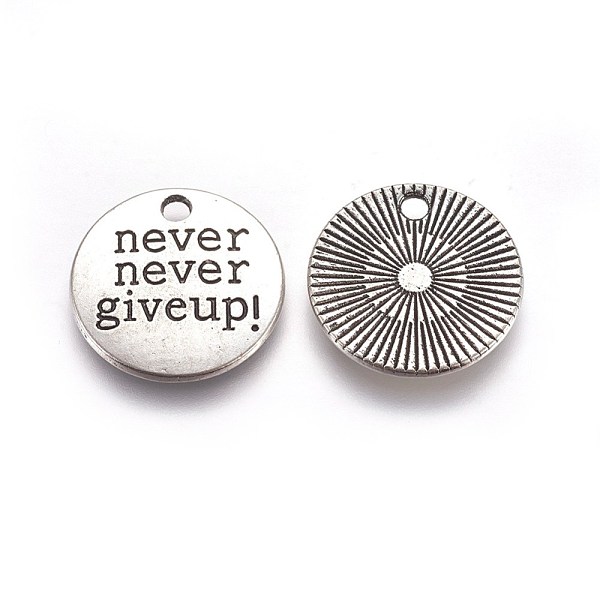 

PandaHall Tibetan Style Alloy Flat Round Carved Word Never Give Up Pendants, Inspirational Message Pendants, Lead Free & Cadmium Free...