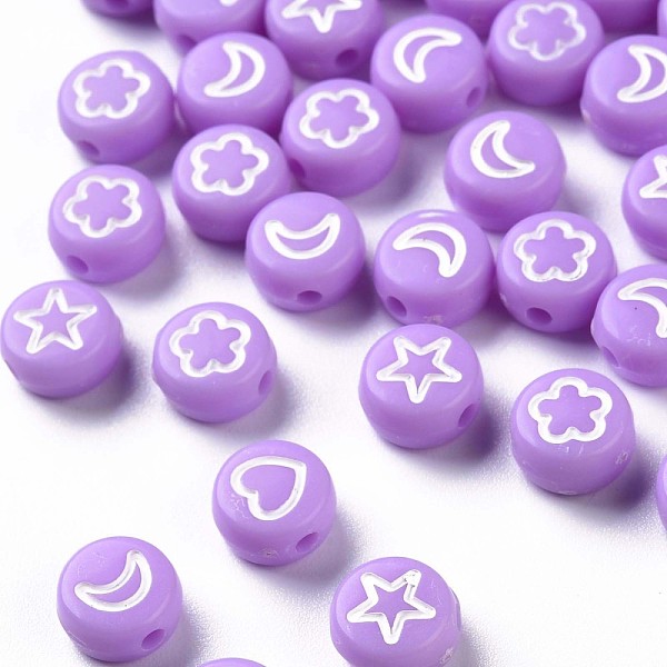 

PandaHall Opaque Acrylic Beads, Flat Round with White Heart & Flower & Moon & Star, Lilac, 7x4mm, Hole: 1.6mm Acrylic Flat Round Purple