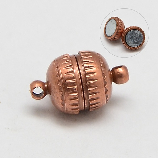 

PandaHall Brass Magnetic Clasps with Loops, Nickel Free, Round, Red Copper, 11x6mm, Hole: 1mm Brass Round