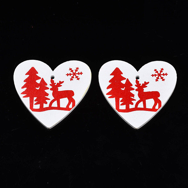 

PandaHall Christmas Theme Spray Painted Wood Pendants, Single-Sided Printed, Heart with Reindeer/Stag & Tree & Snowflake, White, 48x50x2.5mm...