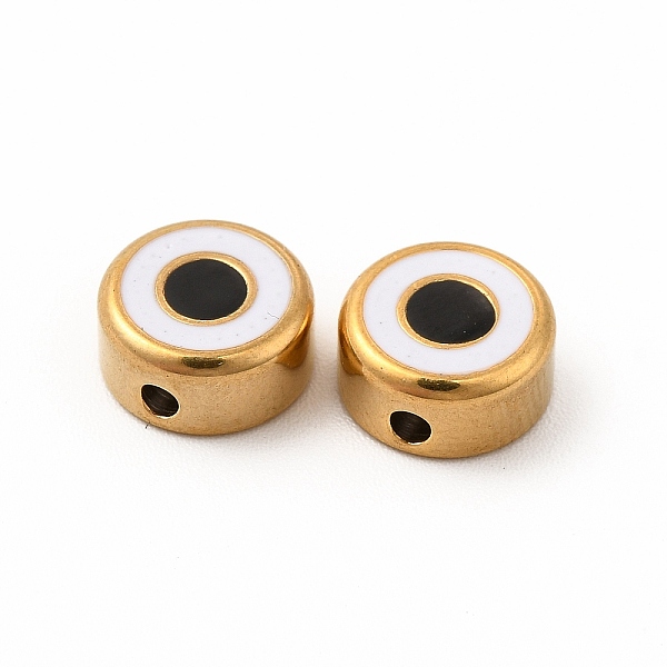 

PandaHall Eco-Friendly 304 Stainless Steel Beads, with Enamel, Flat Round with Evil Eye, Golden, Black, 8x4mm, Hole: 1.5mm Stainless...