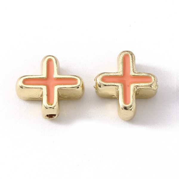 

PandaHall Rack Plating Alloy Enamel Beads, Cadmium Free & Nickel Free & Lead Free, Plus Sign, Light Gold, Coral, 10x9x4.5mm, Hole: 1mm..., Red