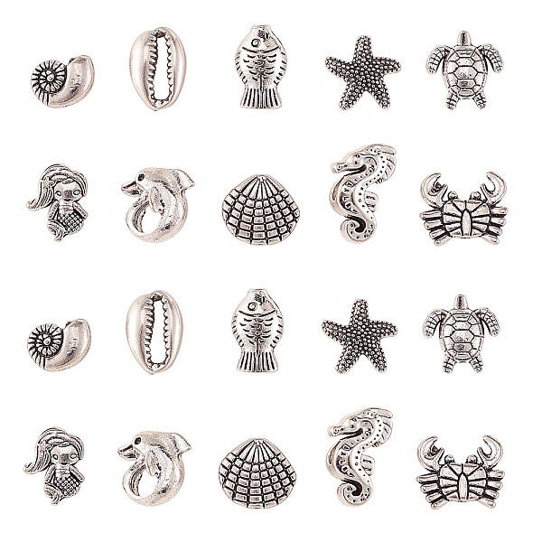 

PandaHall 50Pcs 10 Styles Tibetan Style Alloy Beads, Marine Organism, Antique Silver, 12~19x9~14x4~9mm, Hole: 1.4mm, 5pcs/style Alloy Sea...